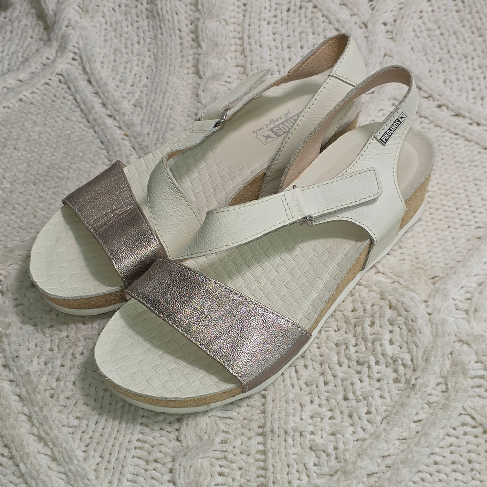 Pikolinos Monk Strap Sandals White Metallic Leather Platform Women 38 Excellent - Picture 2 of 7